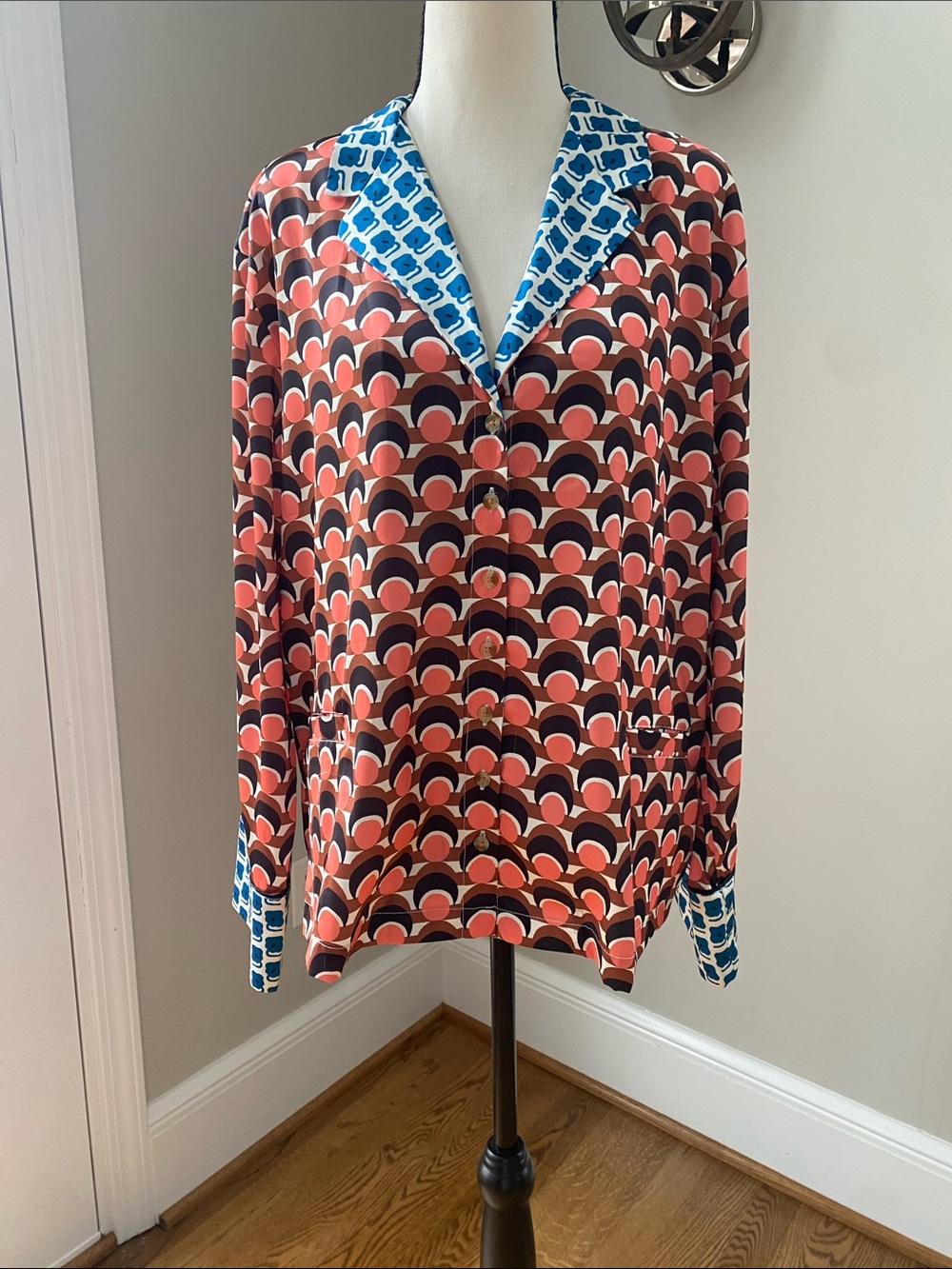 Anthropologie silky printed sleep top button down blouse small oversized
